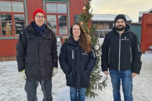 Det er full fart hos Rørosmuseet under julemarkedet. I Kurantgården er det flere ting som skjer. Peder Osmoen, Ingeborg Anna Ødegaard og Ole Kristian Korssjøen ønsker folk velkommen til Kurantgården. Foto: Tove Østby